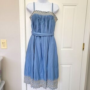 Banana Republic 100% Cotton Blue Cream Embroidered Sleeveless Full Fit Flare 8